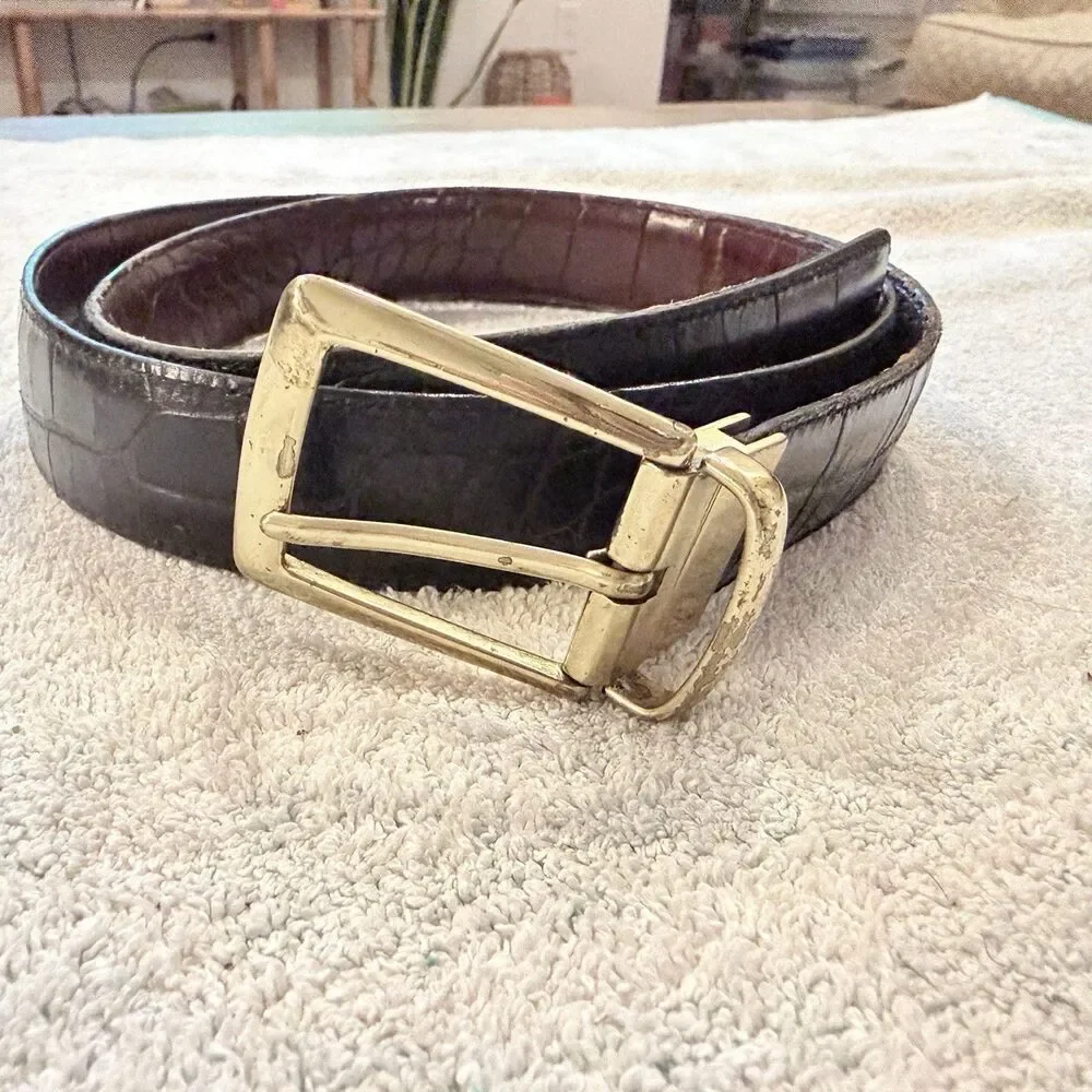 Men’s Brown Black Leather Belt Reversible Brass Buckle 38 Classic Golf 1” wide